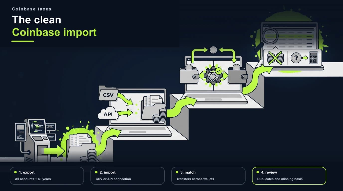 Four-step Coinbase tax data import workflow