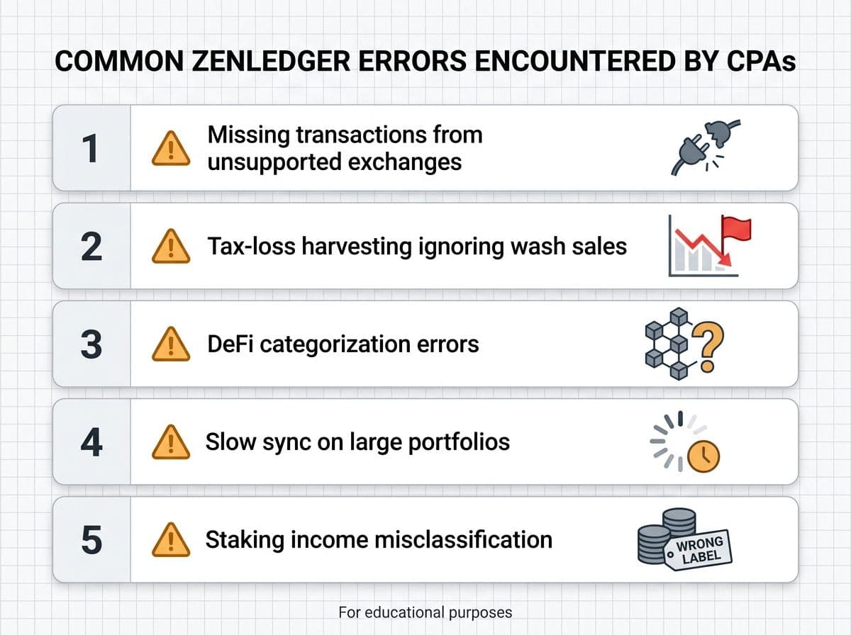 The 5 most common ZenLedger errors: missing transactions, wash sale oversights, DeFi miscategorization, slow syncs, and staking misclassification