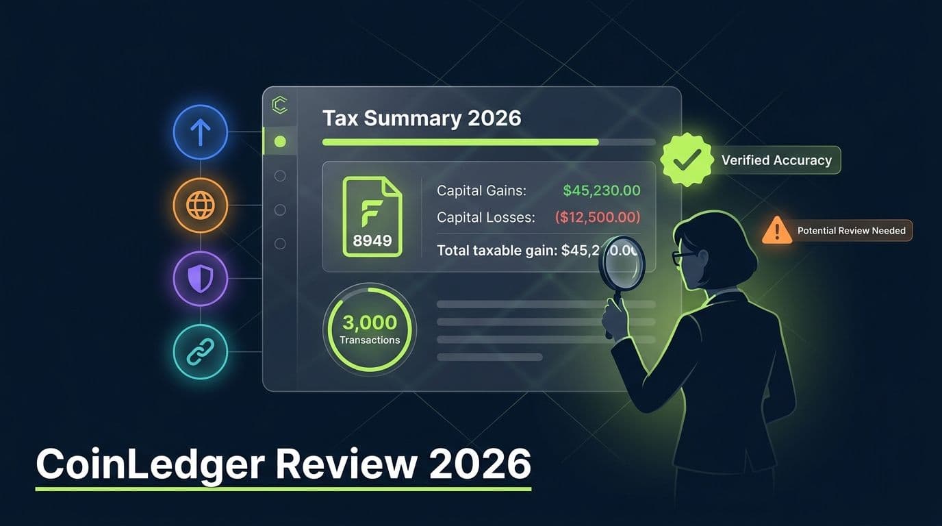 CoinLedger Review 2026 hero image showing a CPA reviewing a crypto tax dashboard with connected exchanges and Form 8949 output