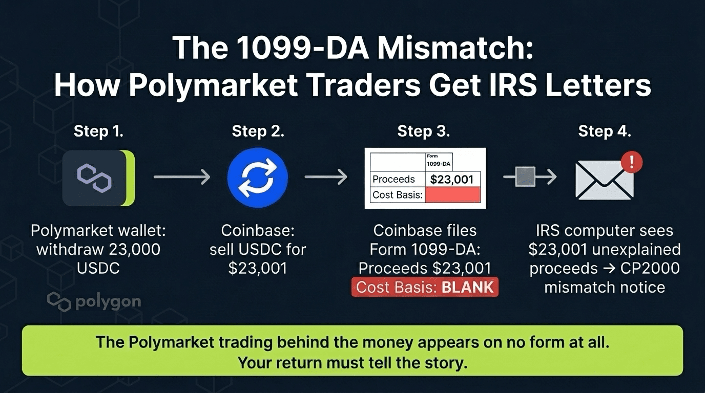 Flow diagram showing how a Polymarket USDC withdrawal creates a 1099-DA with blank cost basis and triggers an IRS mismatch notice