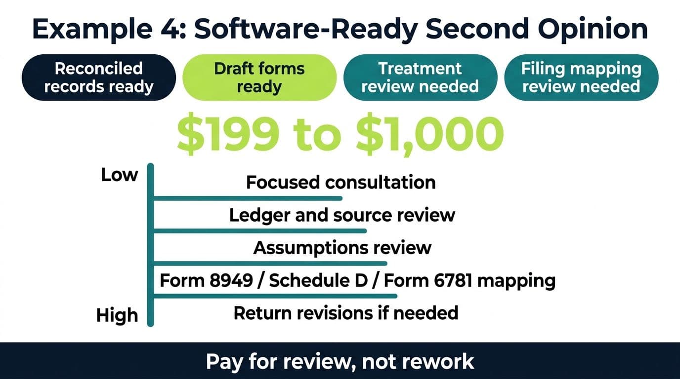 Worked pricing example for software-ready records and a credentialed second opinion costing 199 to 1000 dollars