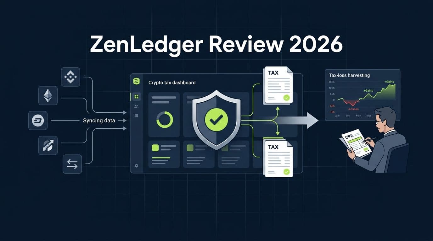 ZenLedger Review 2026 hero image showing an audit defense shield alongside crypto tax dashboard and tax-loss harvesting graph