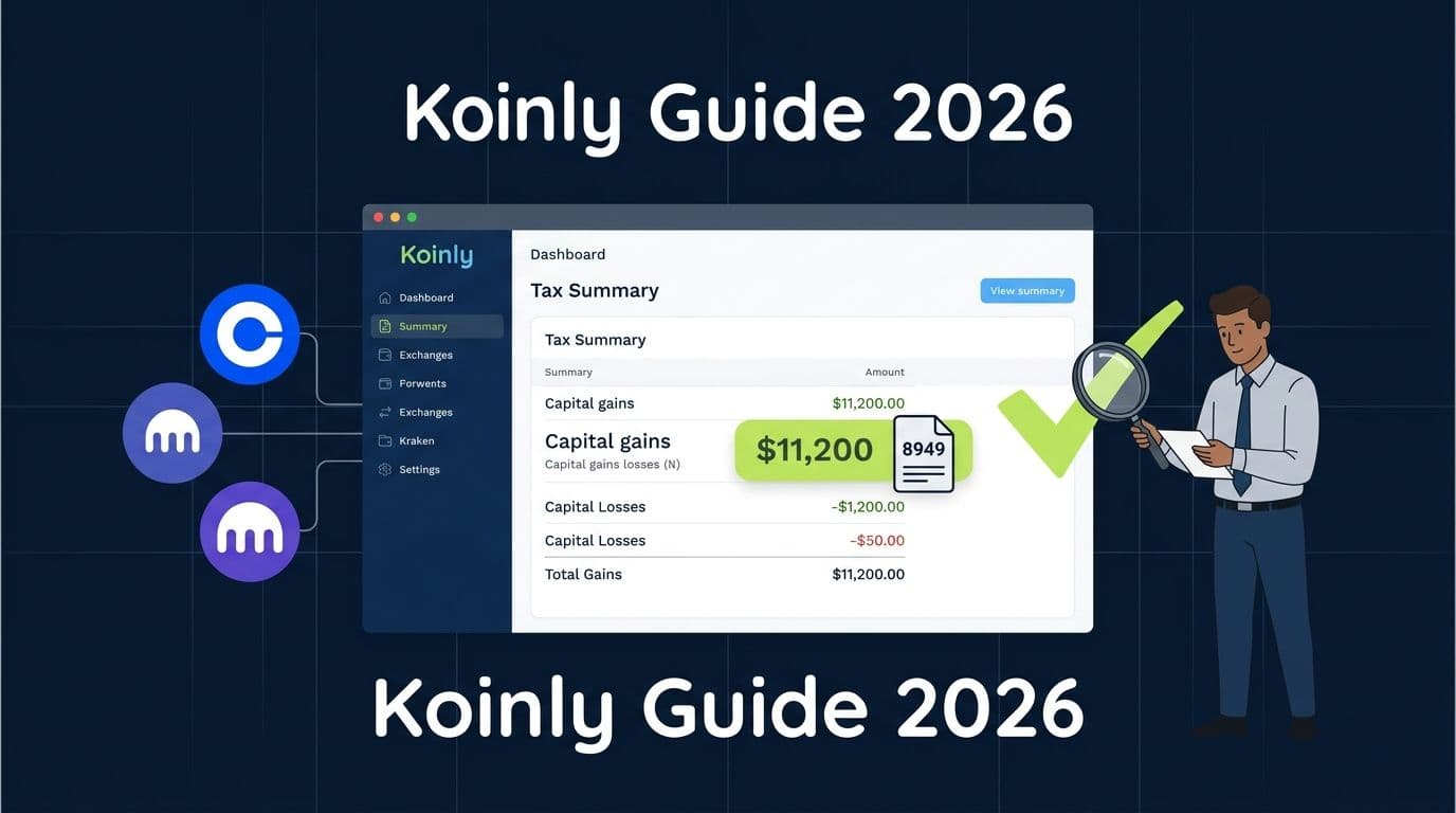 Koinly Guide 2026 hero image showing a CPA reviewing a Koinly crypto tax dashboard with connected exchanges and Form 8949 output