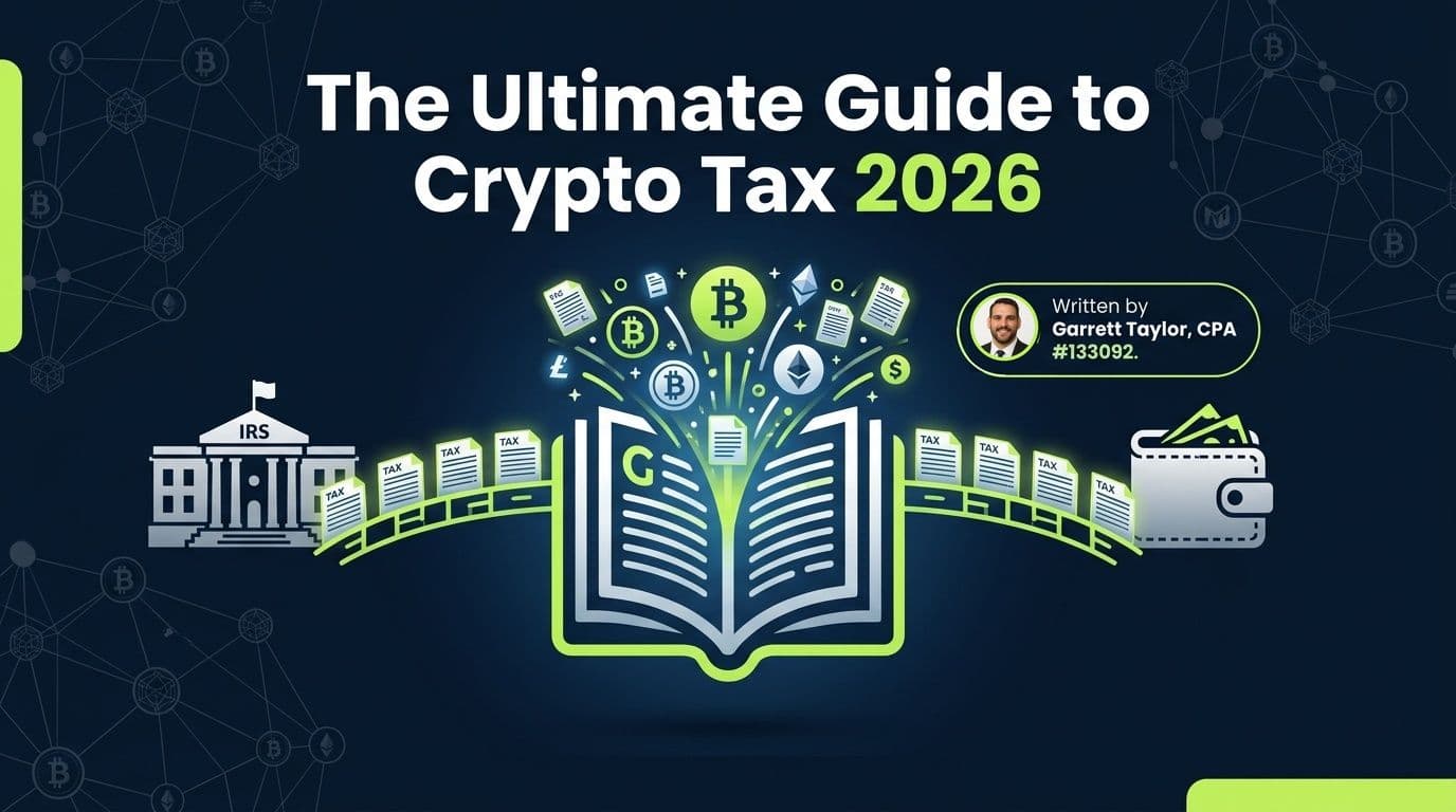 The Ultimate Guide to Crypto Tax 2026 Edition hero image showing cryptocurrency and tax elements in a premium educational design