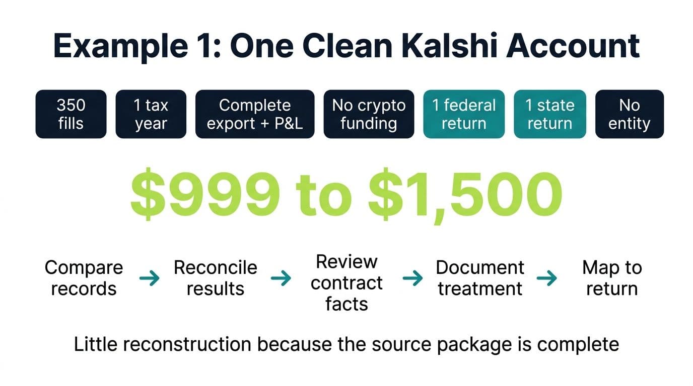 Worked pricing example for 350 clean Kalshi fills, one tax year, one federal and one state return, budgeted at 999 to 1500 dollars