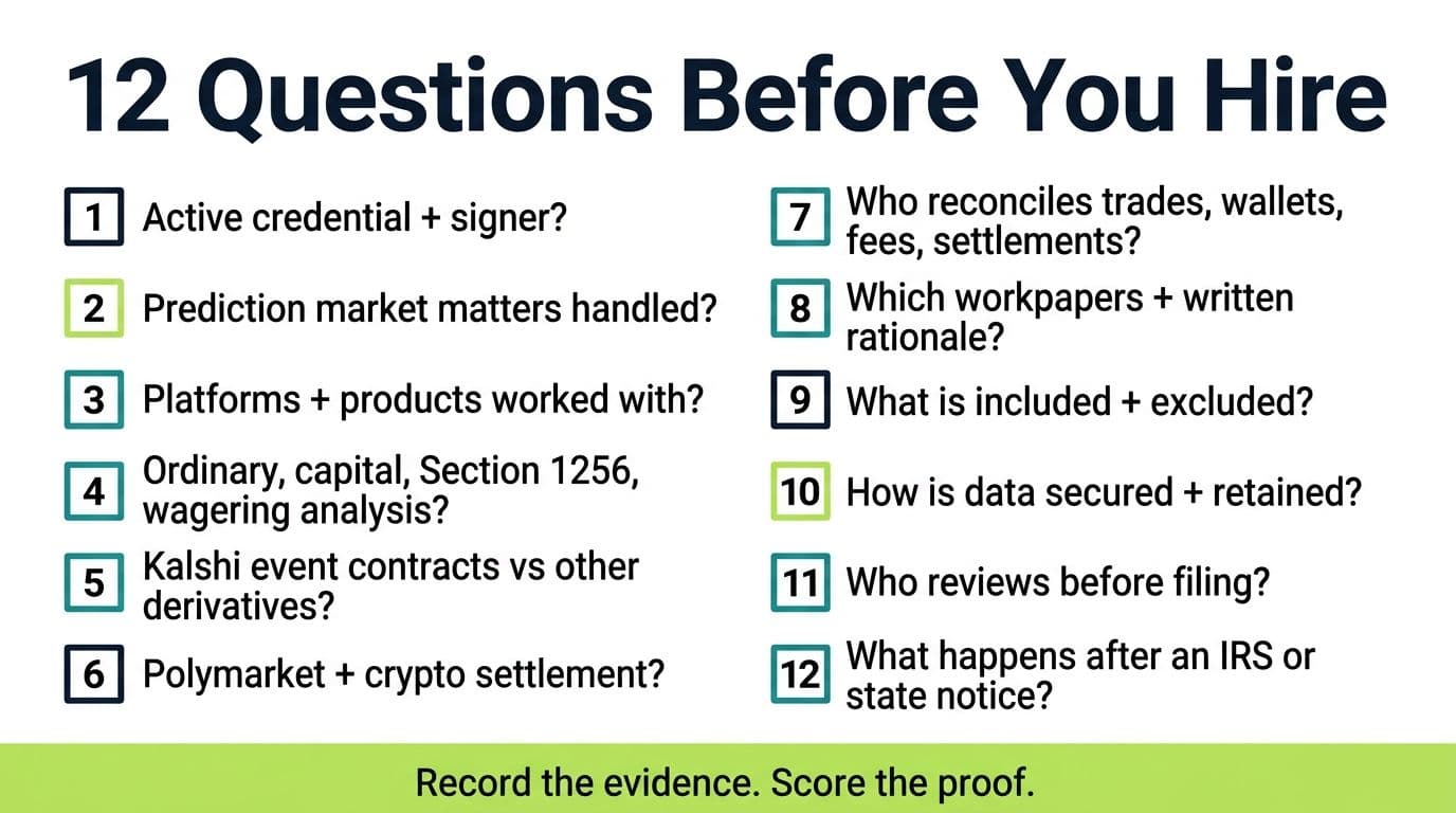 Printable 12-question checklist for interviewing and comparing prediction market CPA candidates
