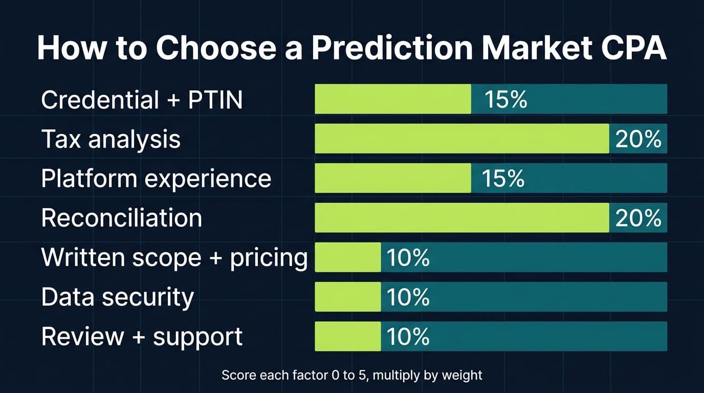 Seven-factor weighted scorecard for comparing prediction market CPA candidates on credentials, tax analysis, platform experience, reconciliation, scope, security, and support