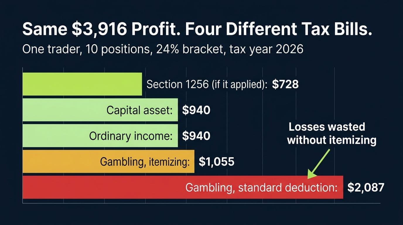 Bar chart comparing federal tax on the same $3,916 Polymarket profit under four frameworks, ranging from $728 to $2,087