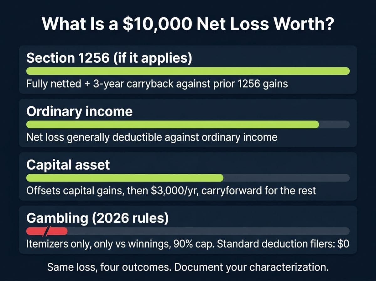 Comparison of how a 10000 dollar prediction market loss is deductible under Section 1256, ordinary income, capital asset, and gambling treatments