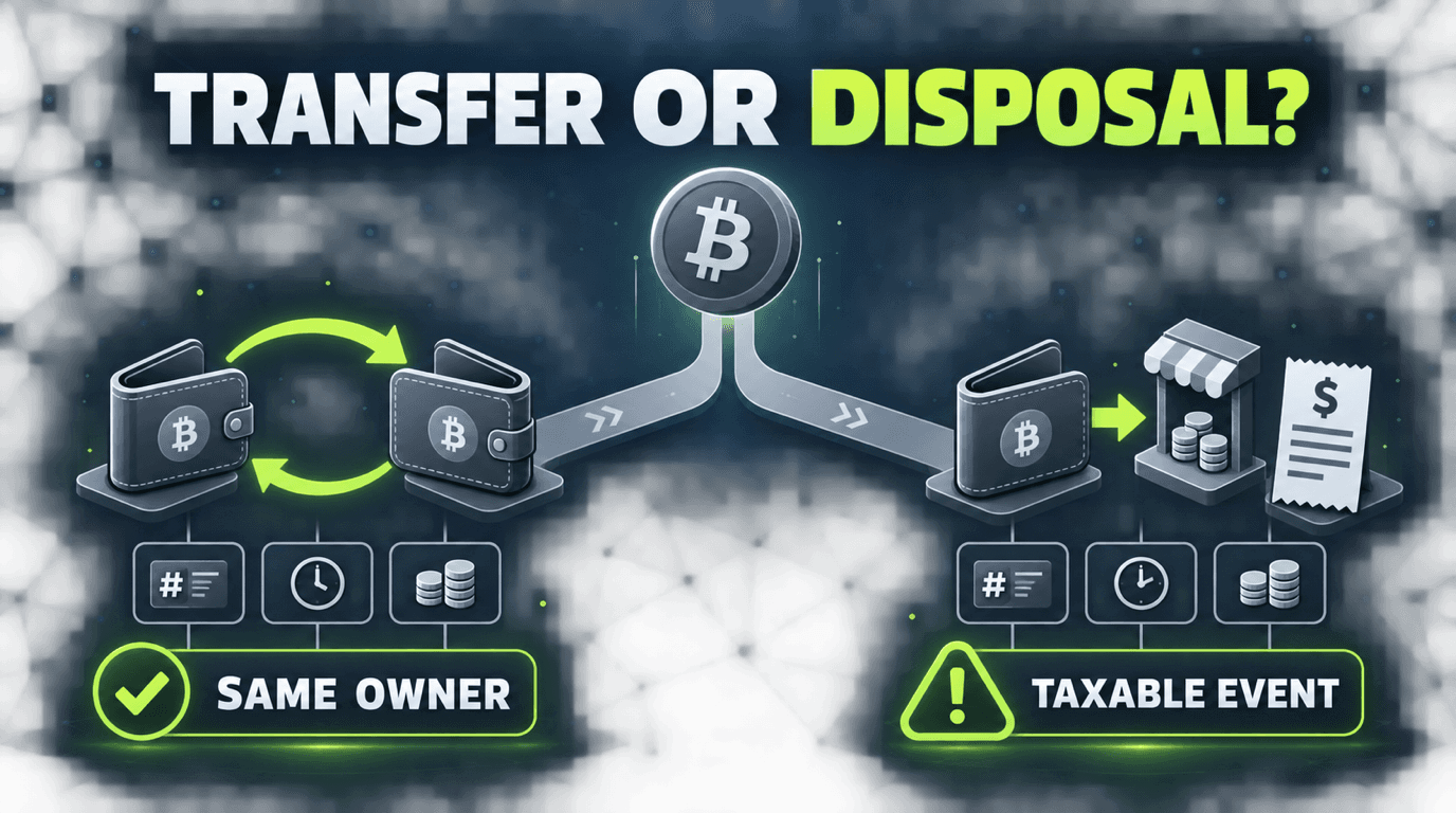 Decision graphic comparing same-owner wallet transfers with taxable crypto disposals