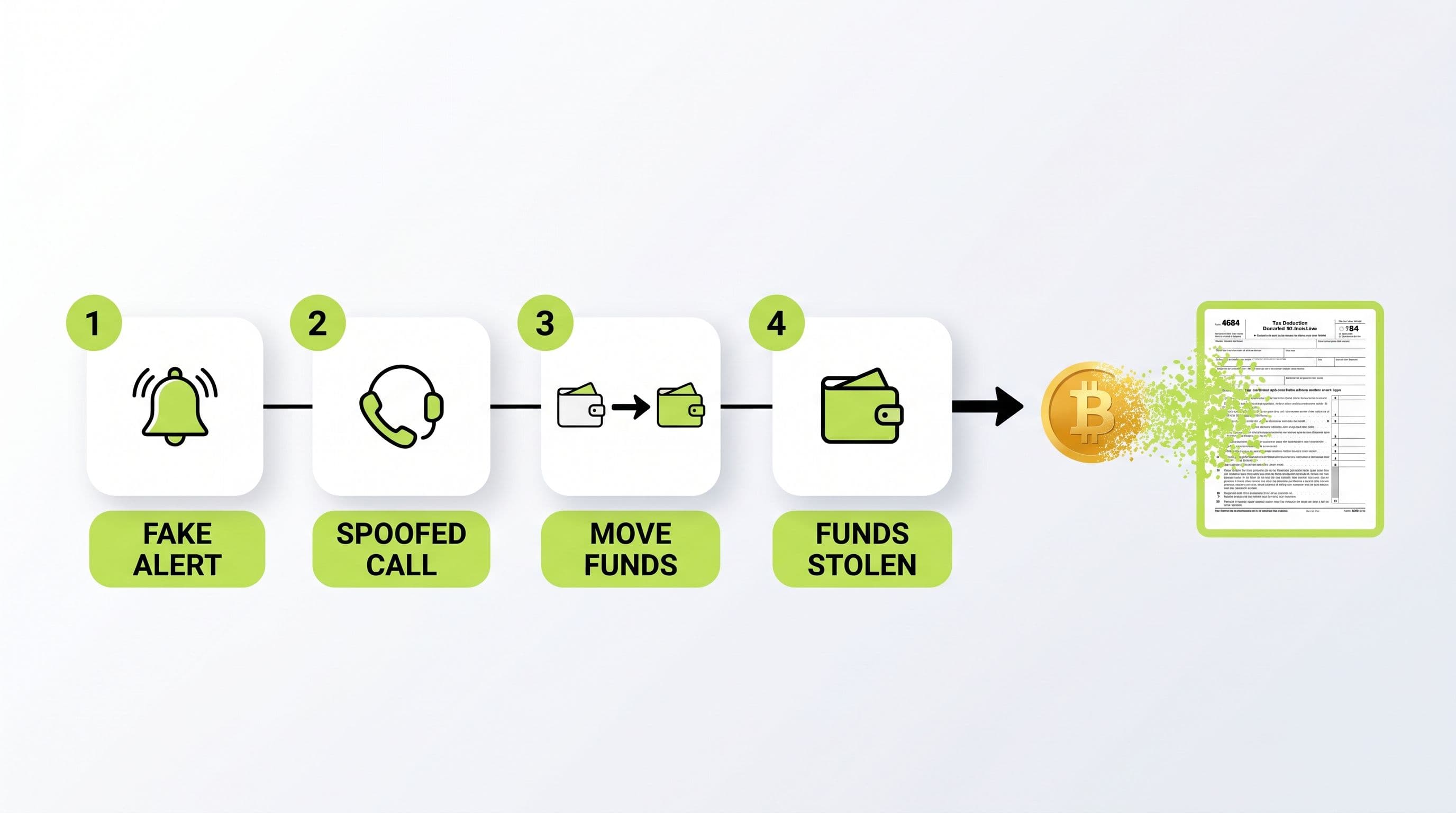 Infographic flow of a fake crypto customer service scam: fake alert, spoofed support call, move funds, funds stolen, leading to a deductible theft loss on IRS Form 4684