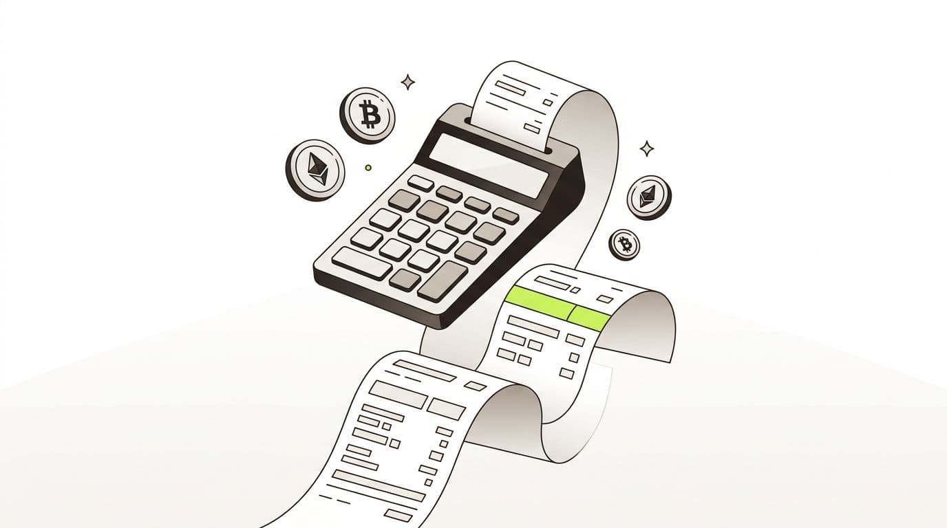 Crypto calculator with overflowing tax receipt — illustrating overpaid taxes