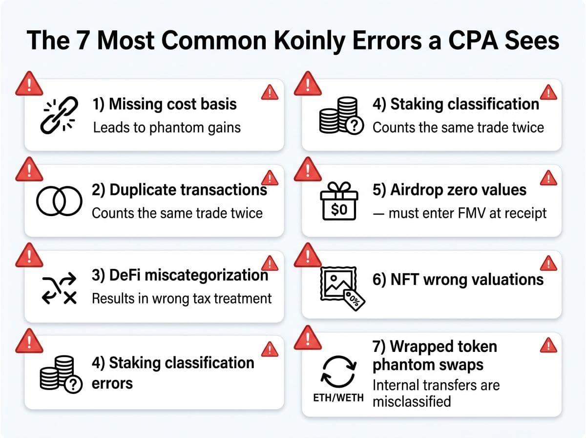 The 7 most common Koinly errors CPAs find: missing cost basis, duplicates, DeFi miscategorization, staking errors, airdrop values, NFT valuations, and wrapped token issues