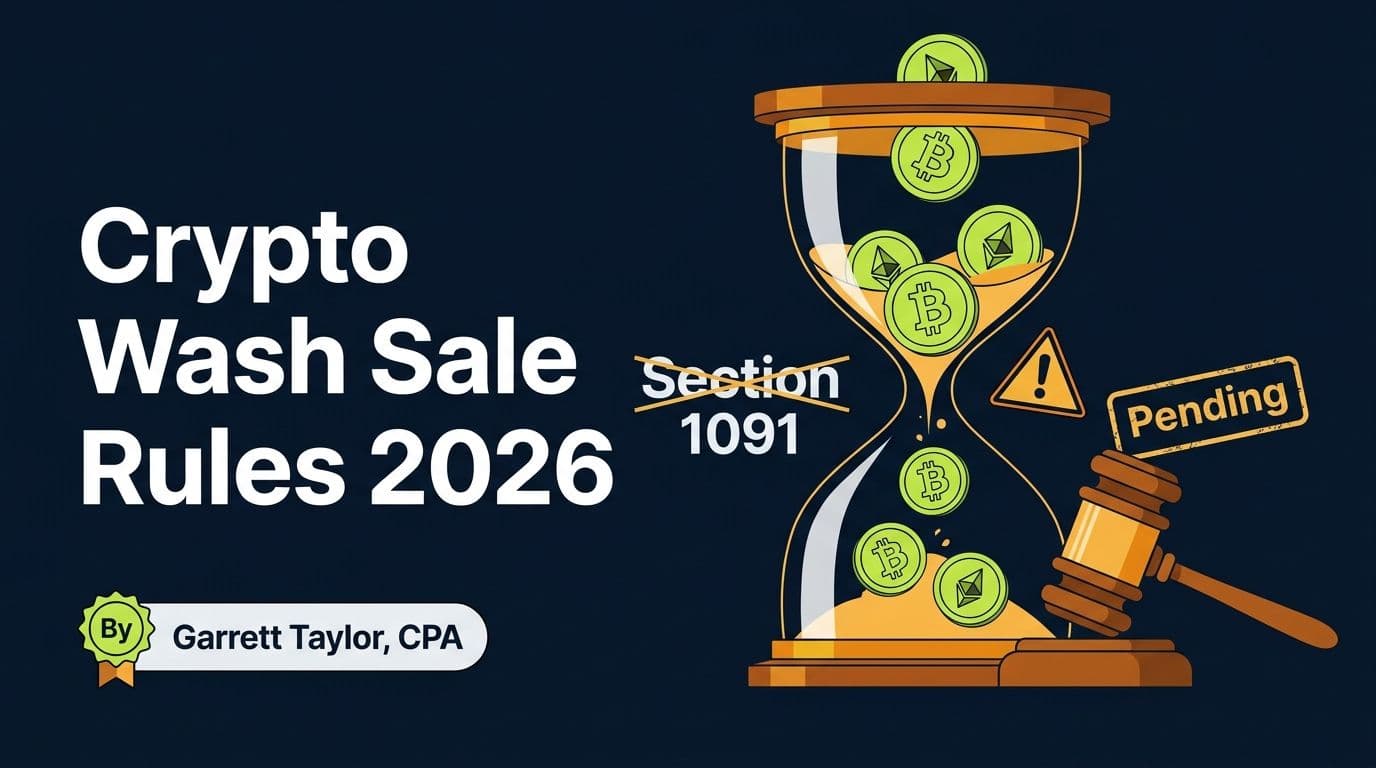 Crypto wash sale rules 2026 - hero showing hourglass with crypto flowing through representing the closing loophole