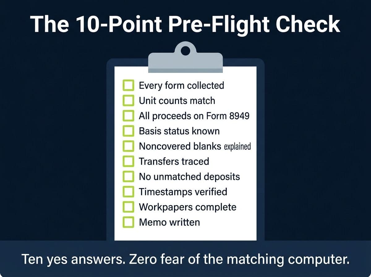 Ten-point checklist for verifying a 1099-DA reconciliation before filing