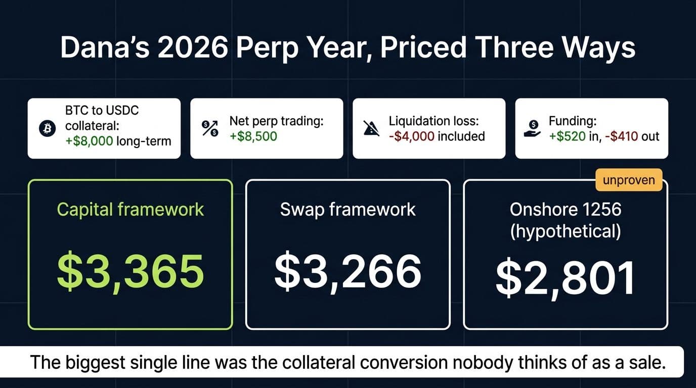 Summary of Dana's worked perp year showing federal tax of 3365, 3266, or 2801 dollars under three frameworks