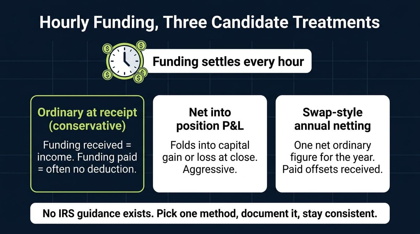 Infographic showing three candidate tax treatments for Hyperliquid hourly funding payments