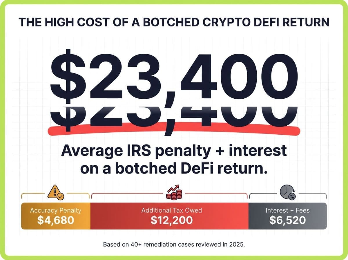 Infographic showing $23,400 average combined penalty and interest on a botched DeFi crypto tax return, with breakdown by penalty type