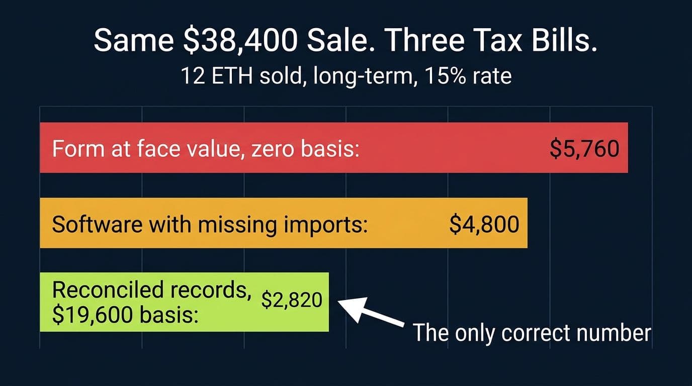 Bar chart comparing tax of $5,760, $4,800, and $2,820 on the same ETH sale under three different records