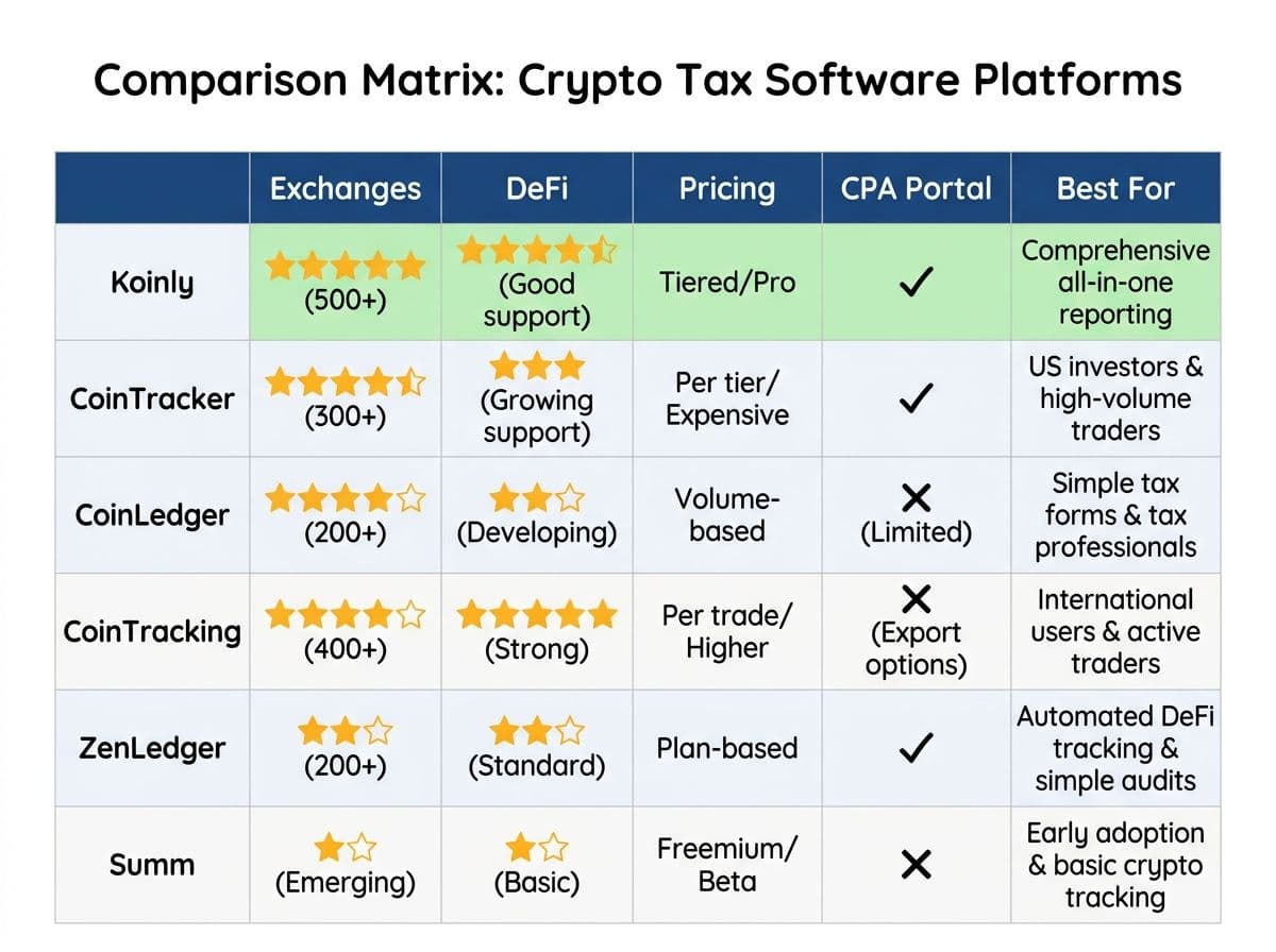 Feature comparison matrix for 6 crypto tax platforms with color-coded ratings across integrations, DeFi, CPA tools, error detection, and more