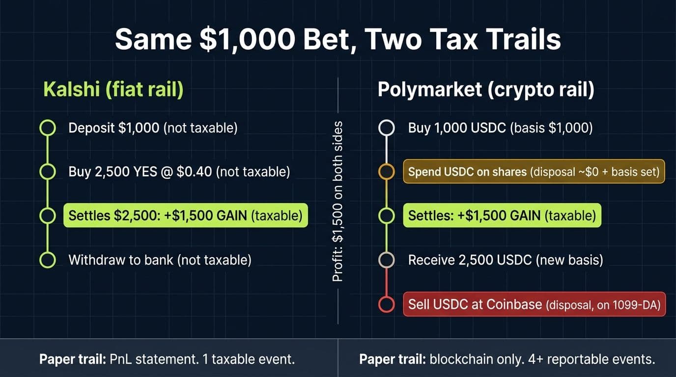 Side by side timelines of the same 1000 dollar bet on Kalshi versus Polymarket showing one taxable event versus a chain of crypto tax events