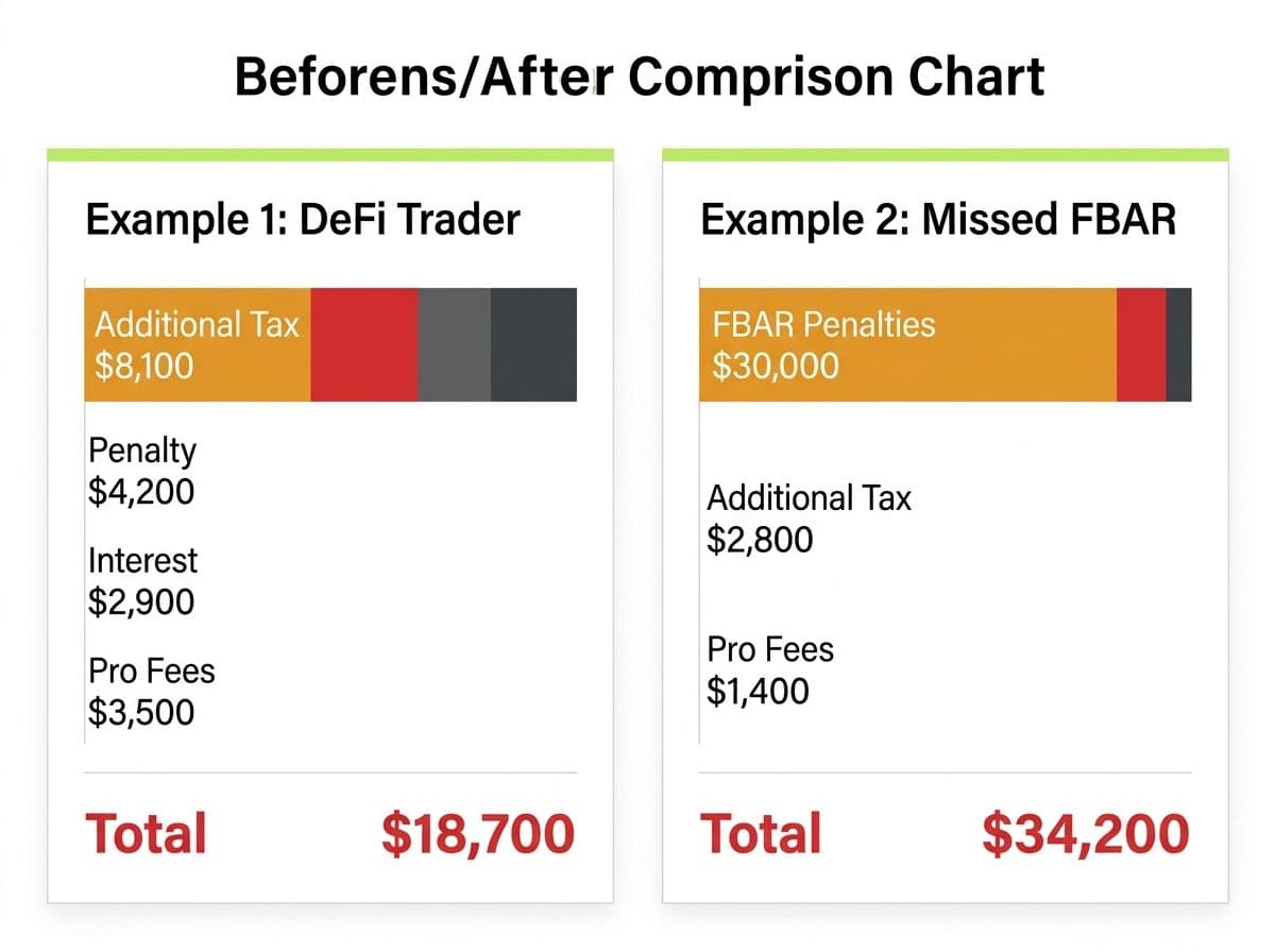Two worked examples showing the cost of bad crypto tax prep: a DeFi trader facing $18,700 in penalties and fees, and a missed FBAR case costing $34,200