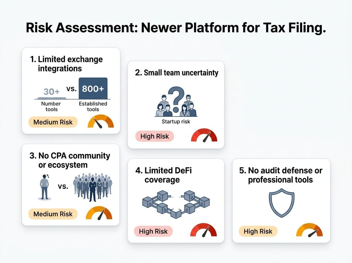 Risk assessment matrix showing 5 key risks of using a newer crypto tax platform including limited integrations, startup uncertainty, and missing professional tools