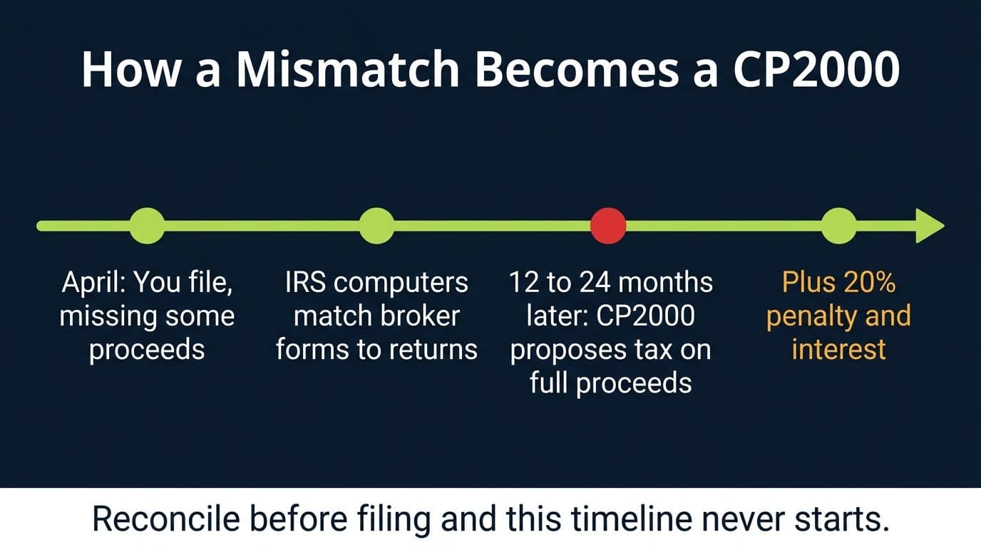 Timeline showing how unmatched 1099-DA proceeds lead to a CP2000 notice with penalties 12 to 24 months after filing