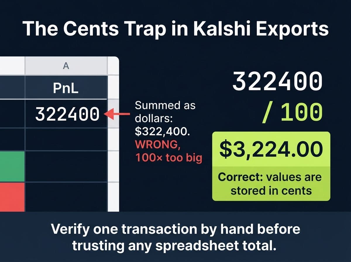 Infographic showing that Kalshi transaction exports store values in cents and must be divided by 100 to get dollars
