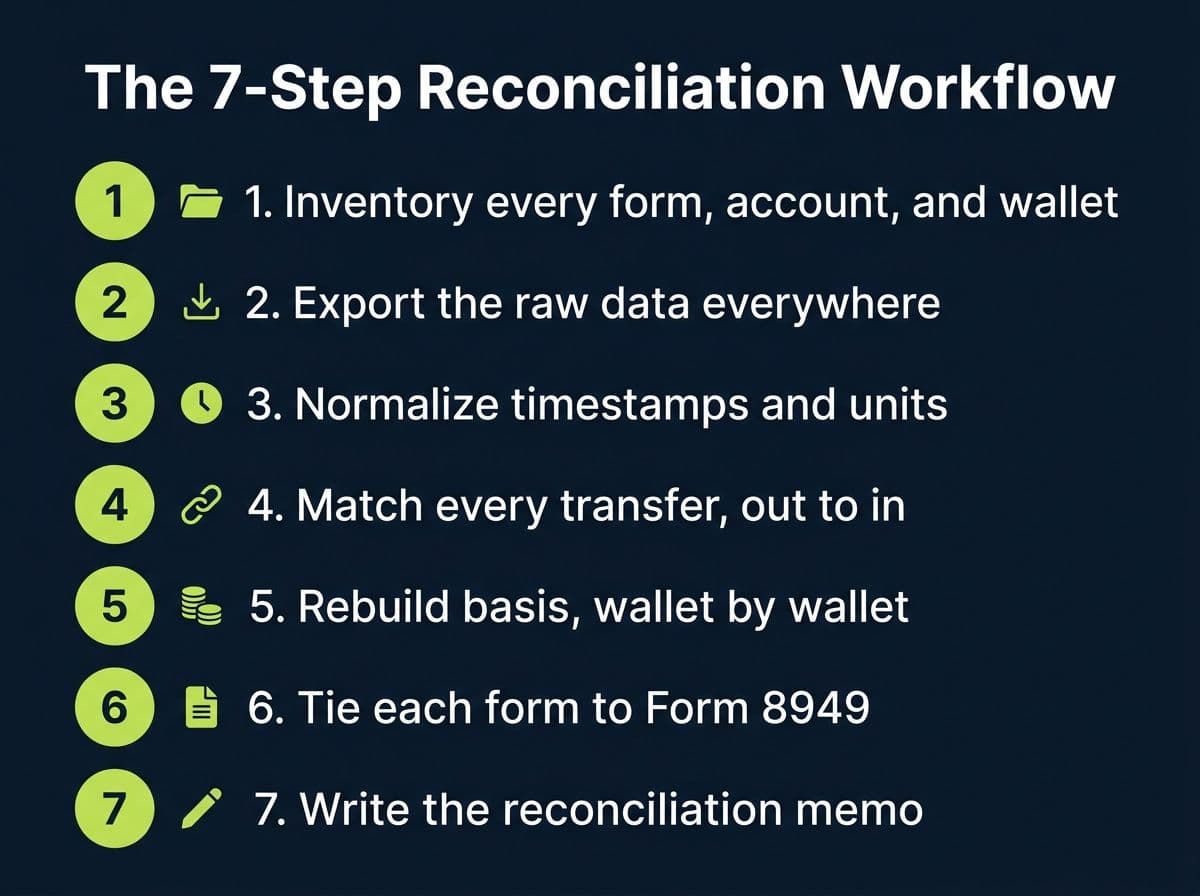 Seven-step workflow for reconciling a 1099-DA against personal records and tax software