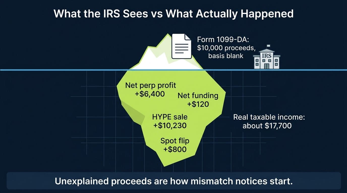 Iceberg diagram comparing the $10,000 1099-DA the IRS sees with roughly $17,700 of actual taxable Hyperliquid income below the surface