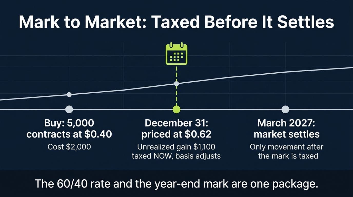 Timeline showing a position bought at 40 cents, marked to market at 62 cents on December 31 with the unrealized gain taxed, then settling the following March