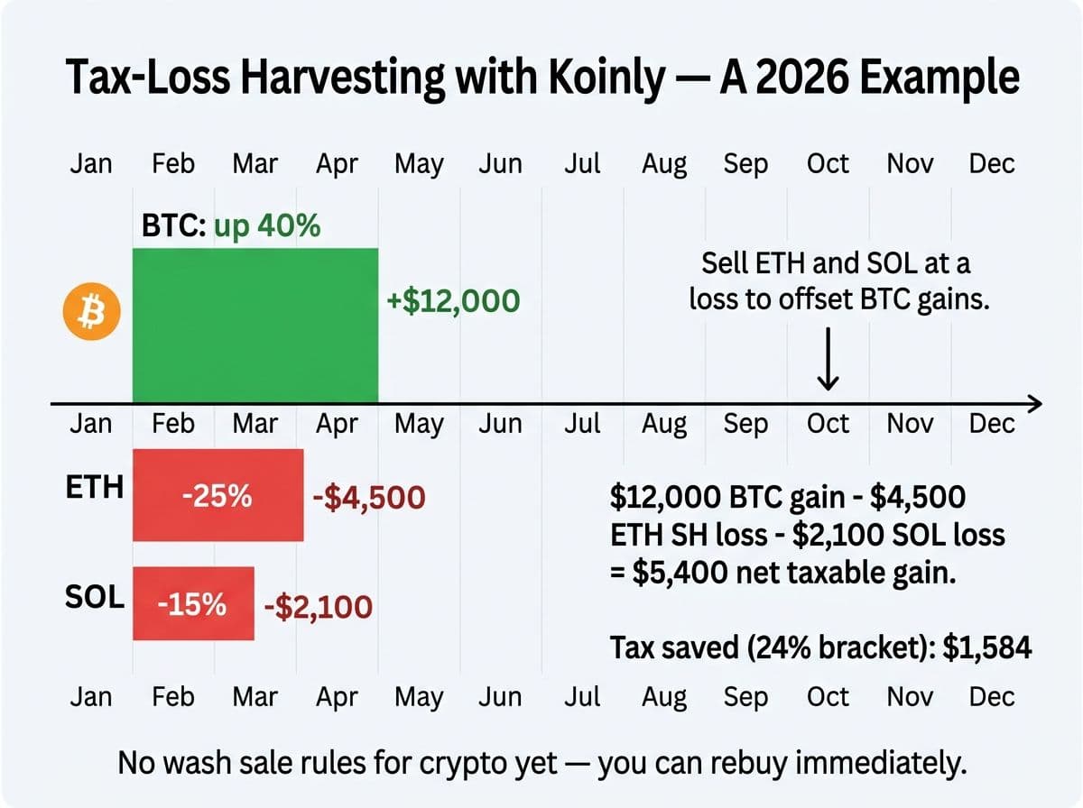 Tax-loss harvesting example showing how selling losing positions before year-end reduces your overall crypto tax bill, with specific dollar amounts