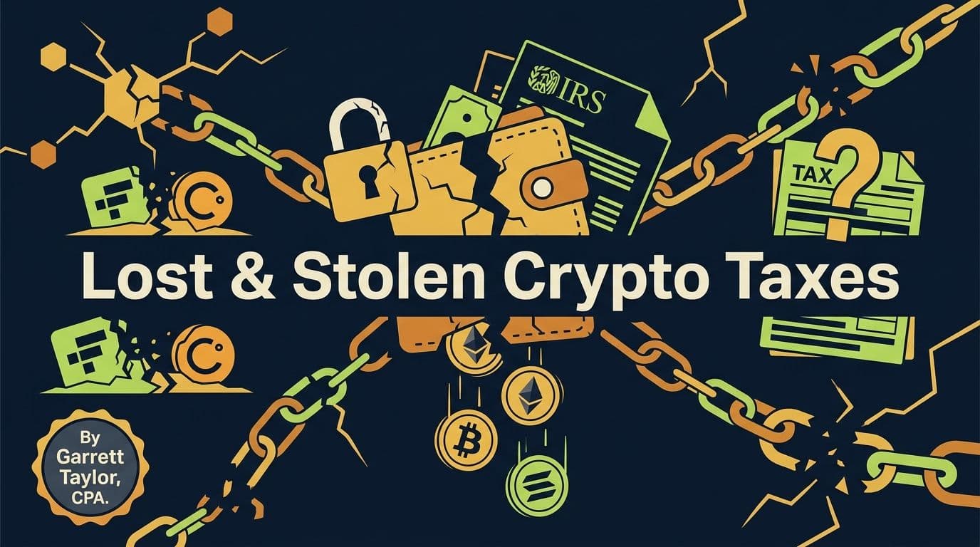 Lost or stolen crypto tax treatment - hero image showing broken wallet and exchange collapse with tax uncertainty elements