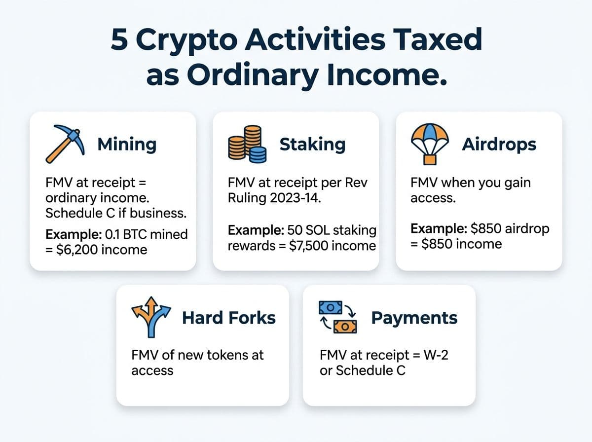 Five types of crypto ordinary income: mining, staking, airdrops, hard forks, and payments received, each with tax treatment and example amounts