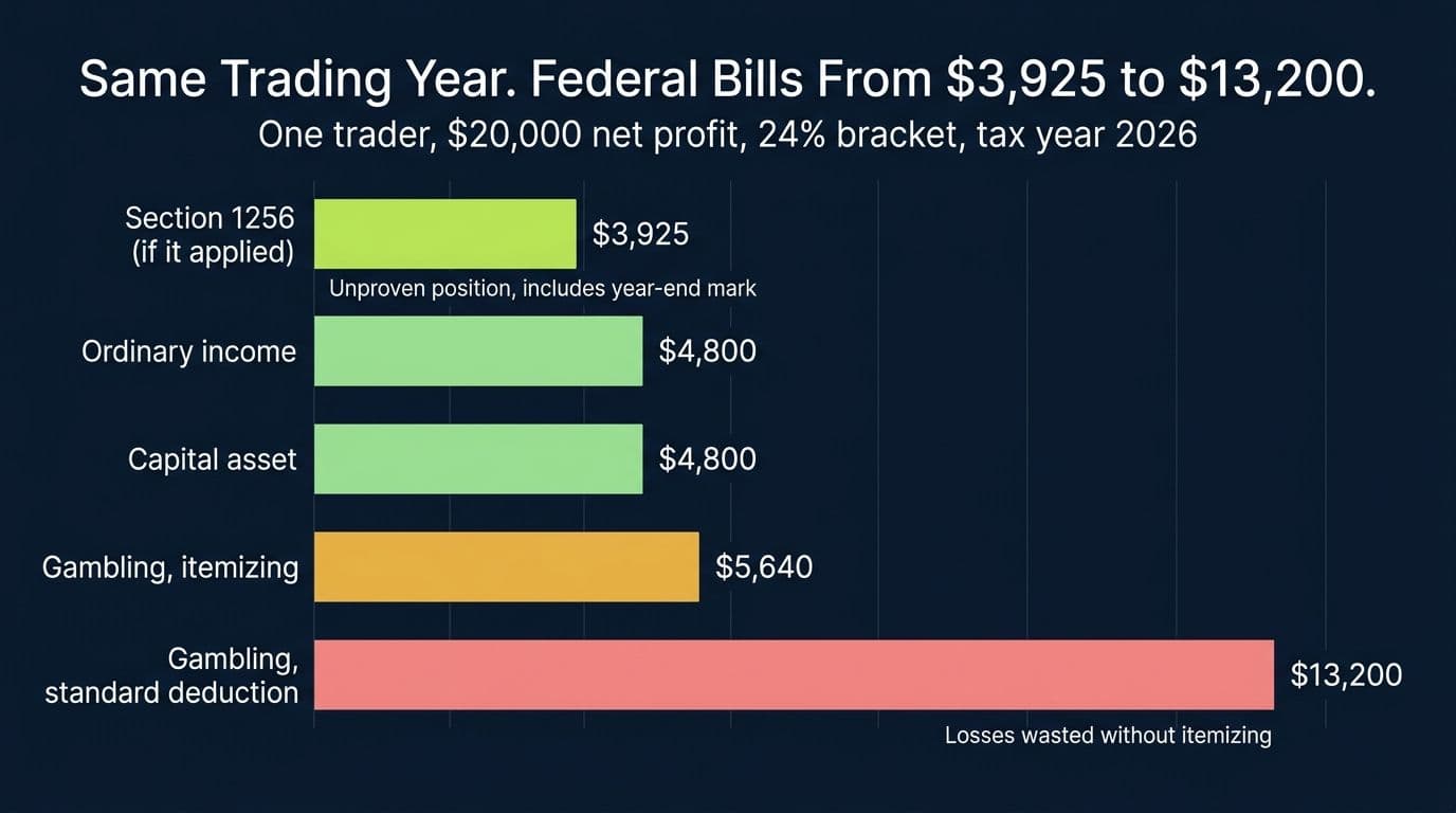 Bar chart comparing federal tax on the same $20,000 event contract profit under five treatments, from $3,925 under Section 1256 to $13,200 under gambling treatment