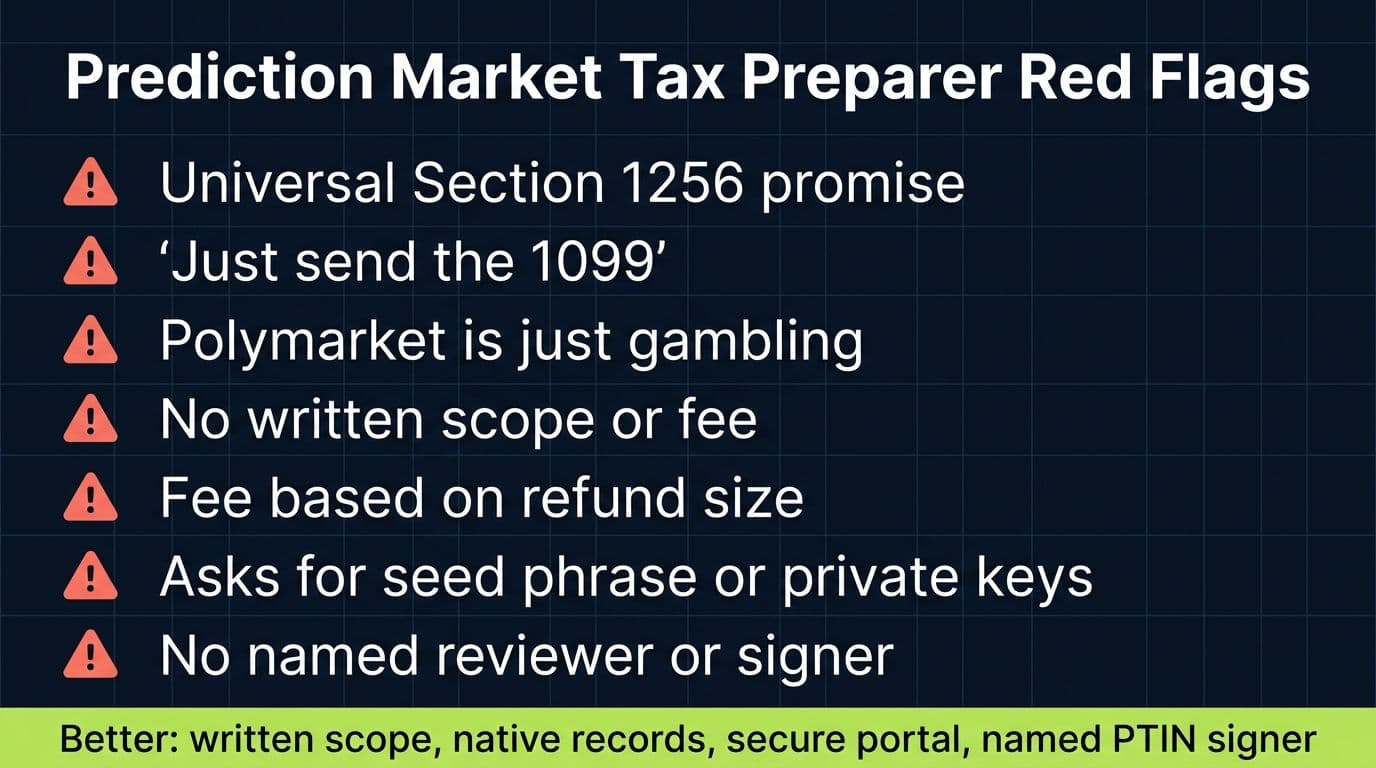 Seven warning signs when hiring a prediction market tax preparer, including universal tax claims, 1099-only intake, refund-based fees, and private-key requests