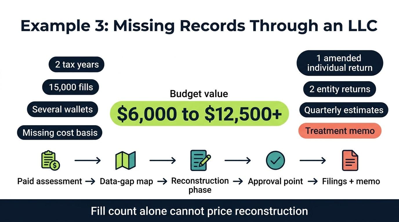 Worked pricing example for two years, 15000 fills, several wallets, missing basis, an amended individual return, and two entity returns