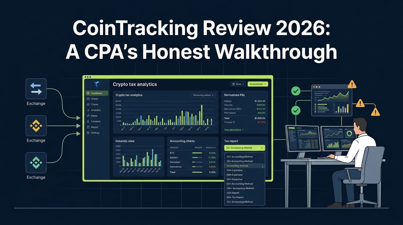 CoinTracking Review 2026 hero image showing an advanced crypto tax analytics dashboard with derivatives tracking and multiple accounting methods