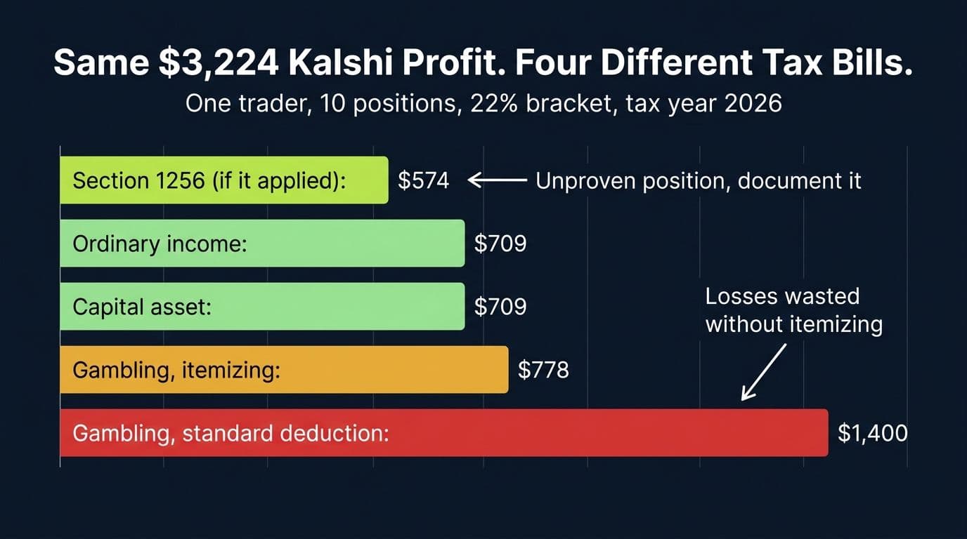 Bar chart comparing federal tax on the same $3,224 Kalshi trading profit under four treatments, ranging from $574 to $1,400