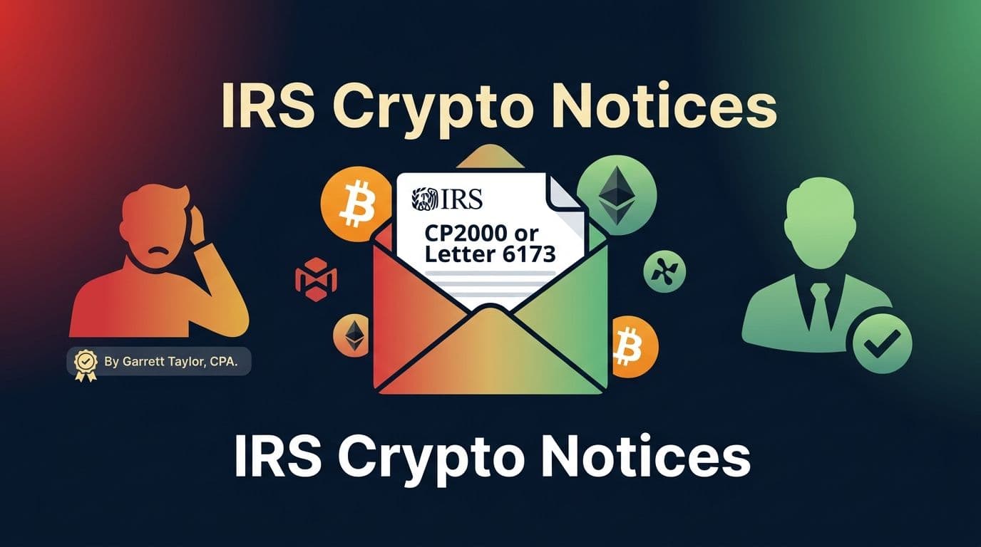 IRS crypto tax notices guide - hero image showing IRS letter emerging from envelope with resolution path