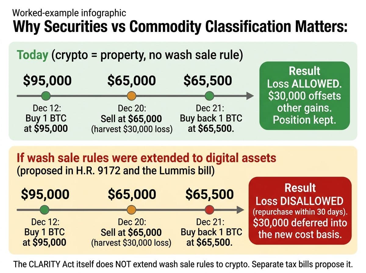 Worked example comparing a $30,000 Bitcoin tax-loss harvest under current law versus proposed wash sale rules for digital assets