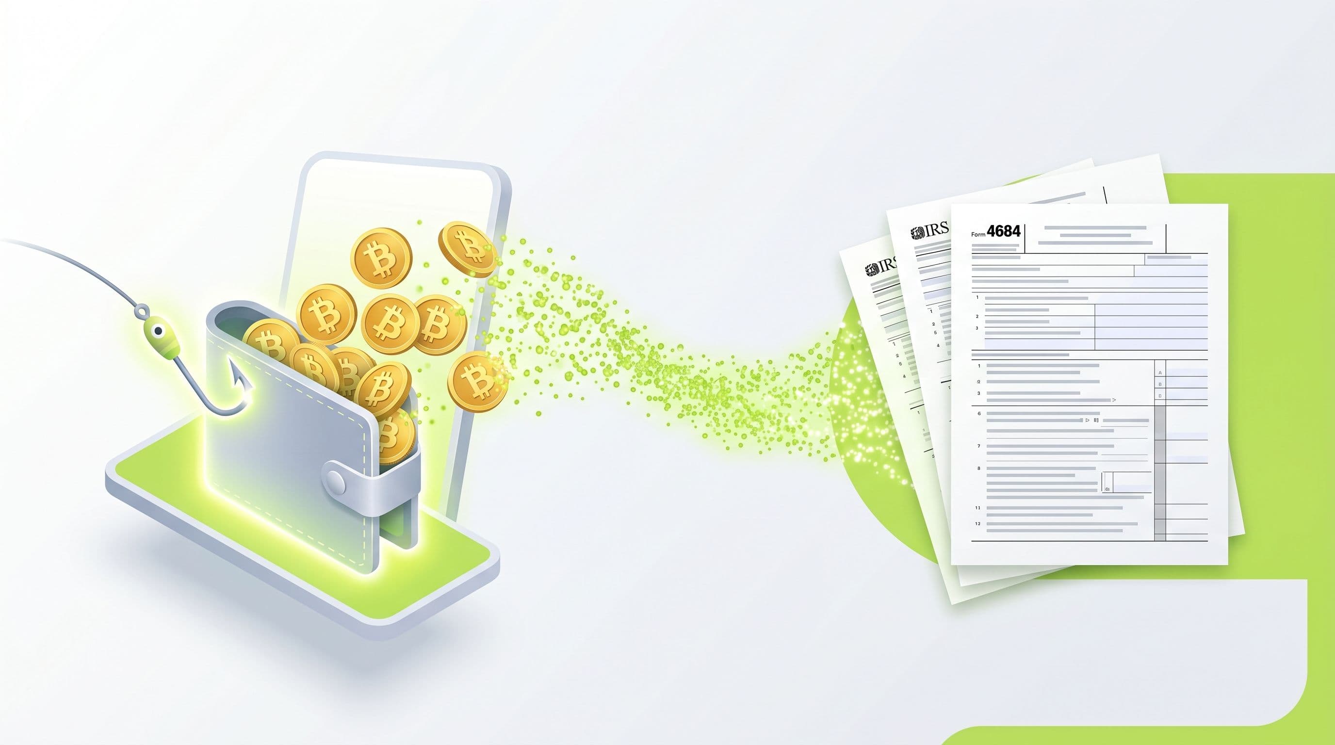 Editorial illustration: a phishing hook pulling golden Bitcoin coins out of a crypto wallet, the coins dissolving into lime-green particles that flow into IRS Form 4684, symbolizing a crypto phishing loss recovered as a §165(c)(2) deduction