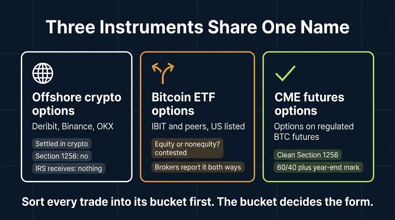 Infographic mapping offshore crypto options, bitcoin ETF options, and CME futures options to their tax status