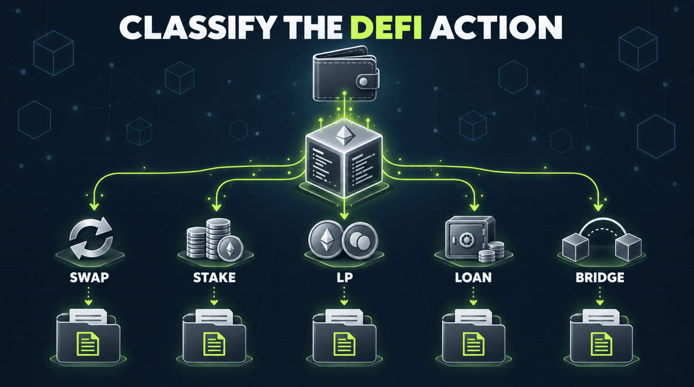 DeFi wallet activity classified into swaps, staking, liquidity pools, loans, and bridges