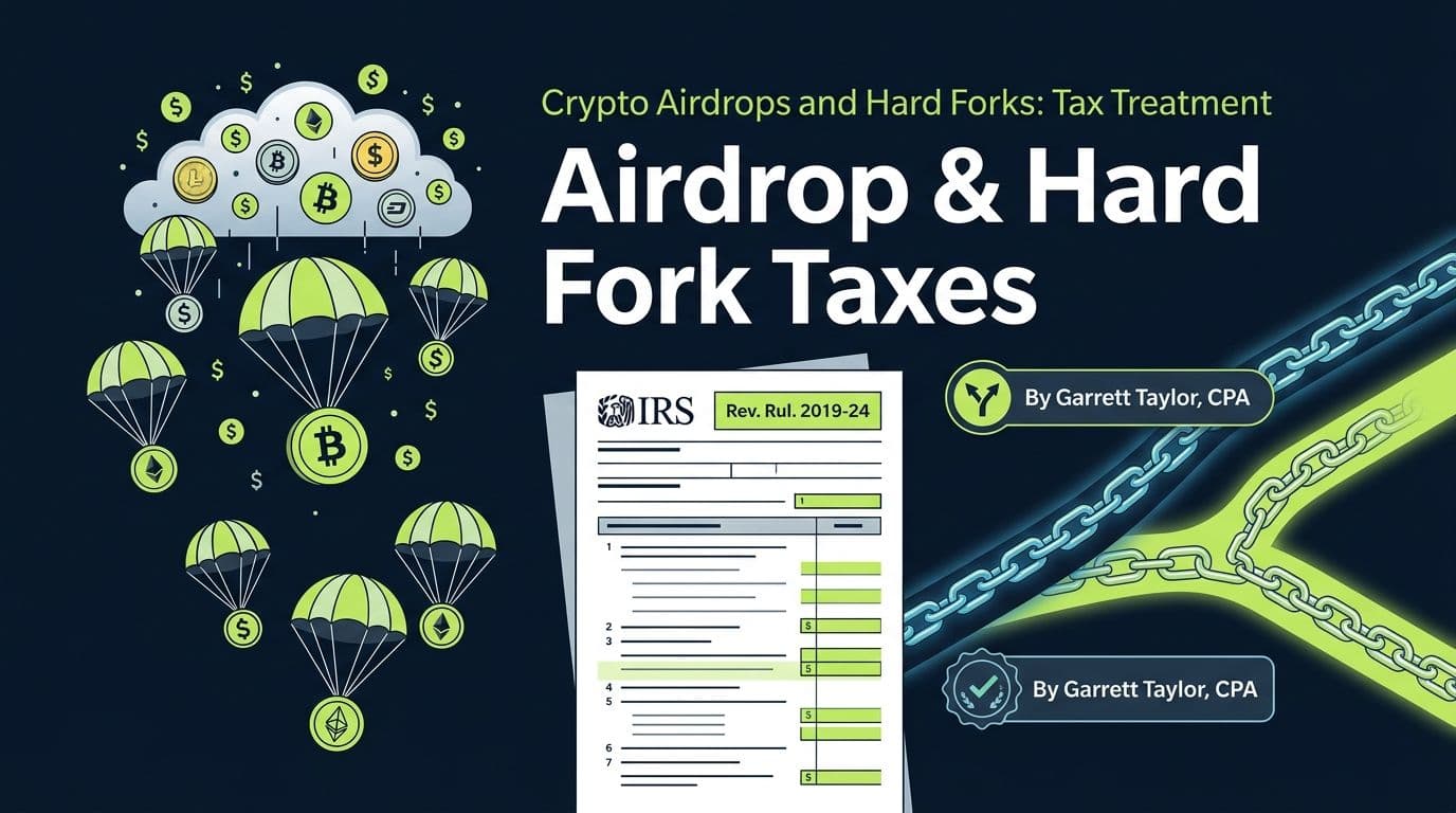 Crypto airdrops and hard forks tax treatment - hero showing airdrop parachutes and blockchain fork with IRS guidance