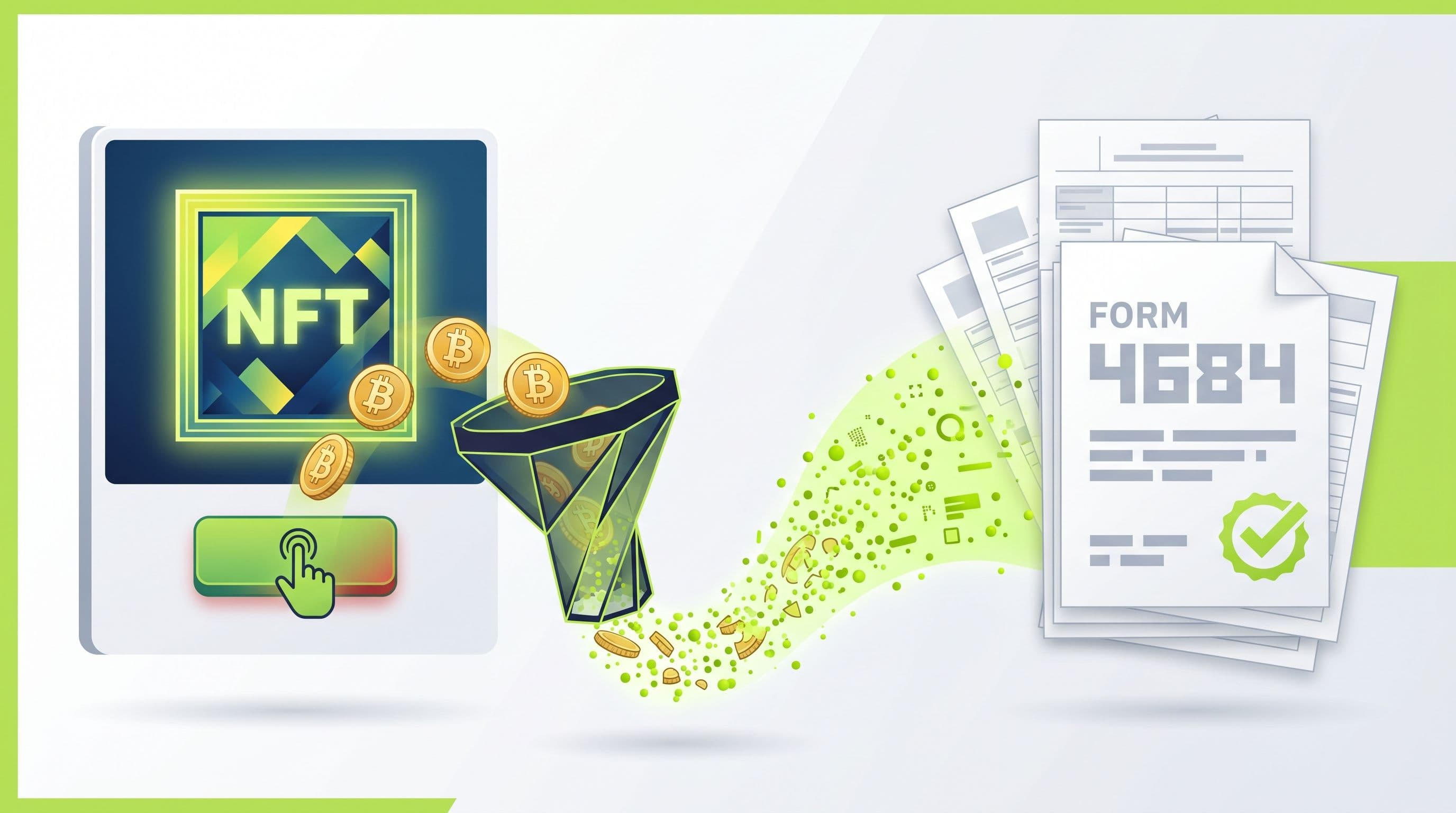 Editorial illustration: a fake NFT minting screen siphoning golden Bitcoin coins through a malicious smart-contract funnel, the coins dissolving into lime-green particles that flow into IRS Form 4684, symbolizing a fake NFT minting scam loss recovered as a §165(c)(2) deduction