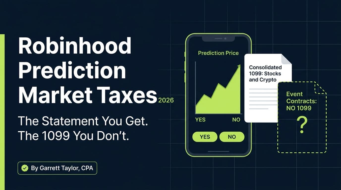 Robinhood prediction market taxes 2026 hero image showing the consolidated 1099 for stocks next to the missing 1099 for event contracts