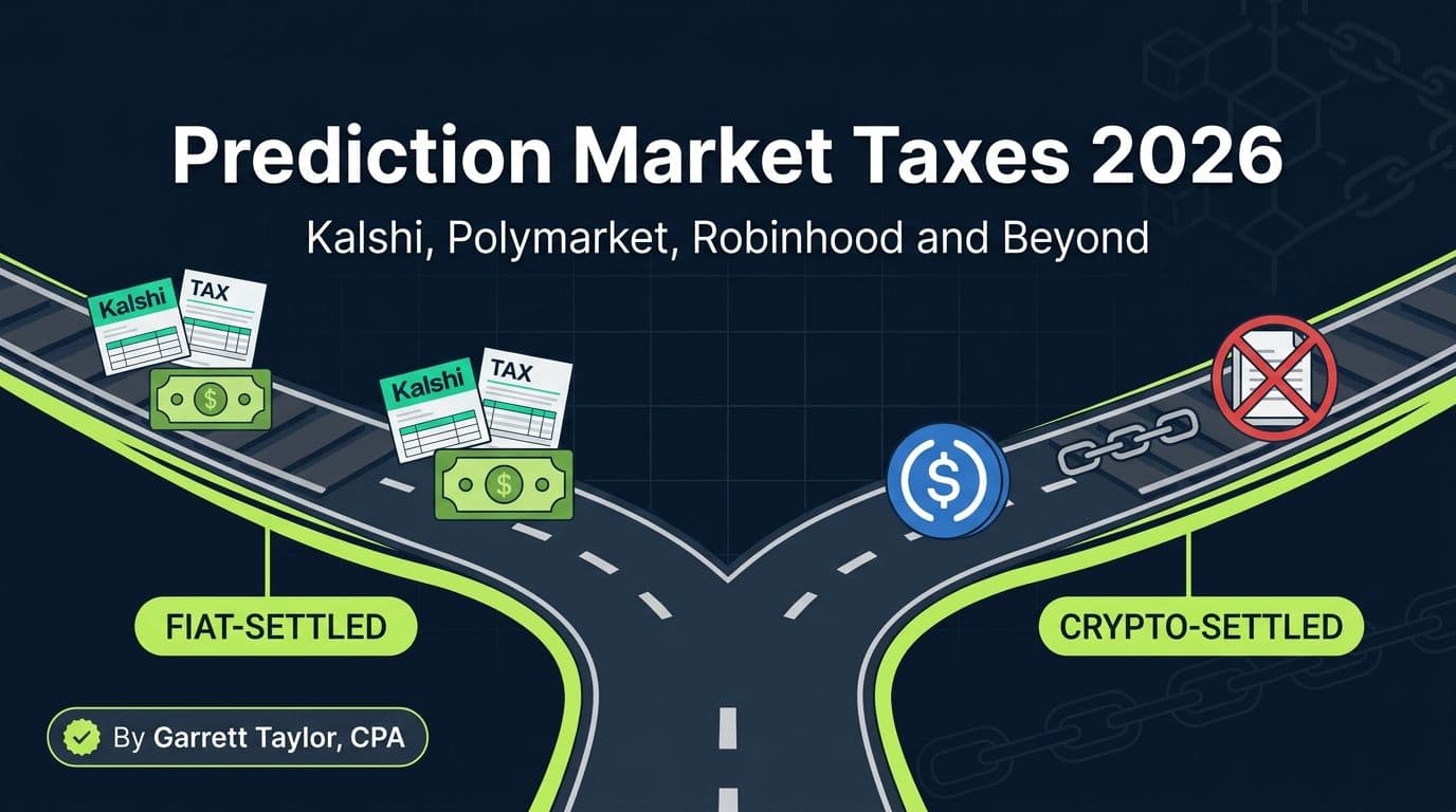 Prediction market taxes 2026 hero showing platforms split into fiat-settled and crypto-settled rails