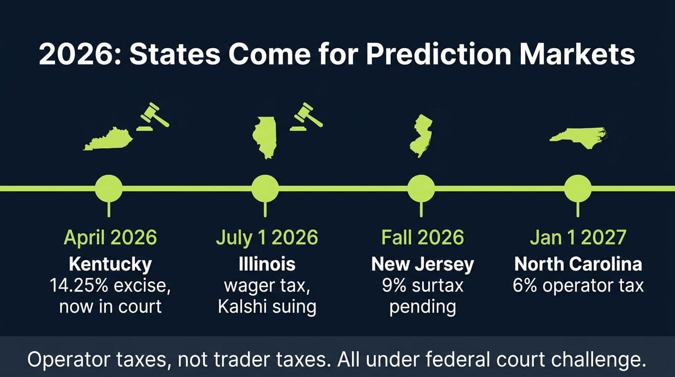 Timeline of new 2026 state taxes on prediction market operators in Kentucky, Illinois, New Jersey, and North Carolina